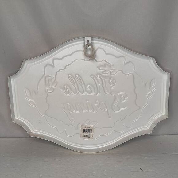 Hello Spring Enamel Metal Wall Sign Easter Decor Pink and Blue Flowers - Picture 5 of 12